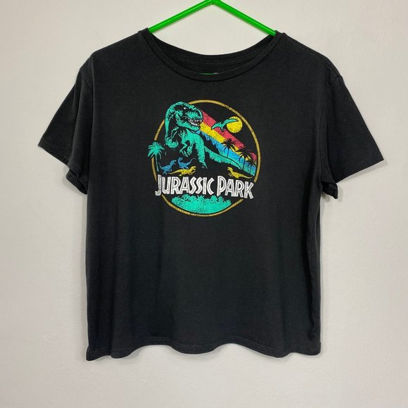 Jurassic Park Tops - Jurassic Park Neon Graphic Dinosaur Cropped Short Sleeve Shirt Womens Size 2X
